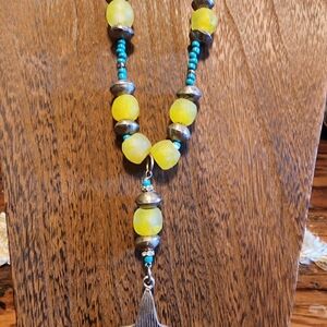Yellow and Turquoise Colored Beaded Necklace And Stretch Bracelet Set